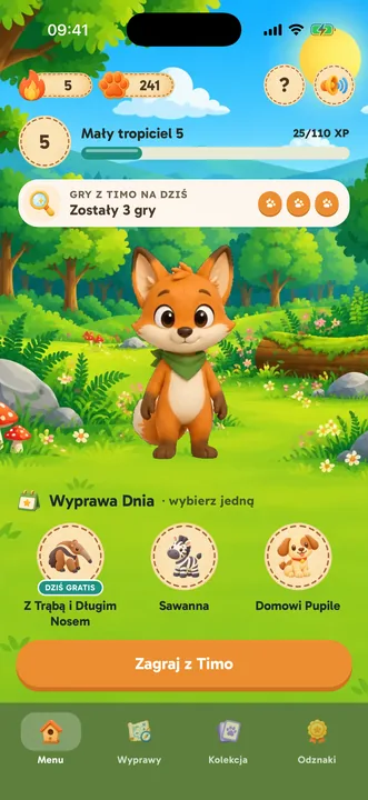 Ekran główny gry: Timo na polanie i Wyprawa Dnia